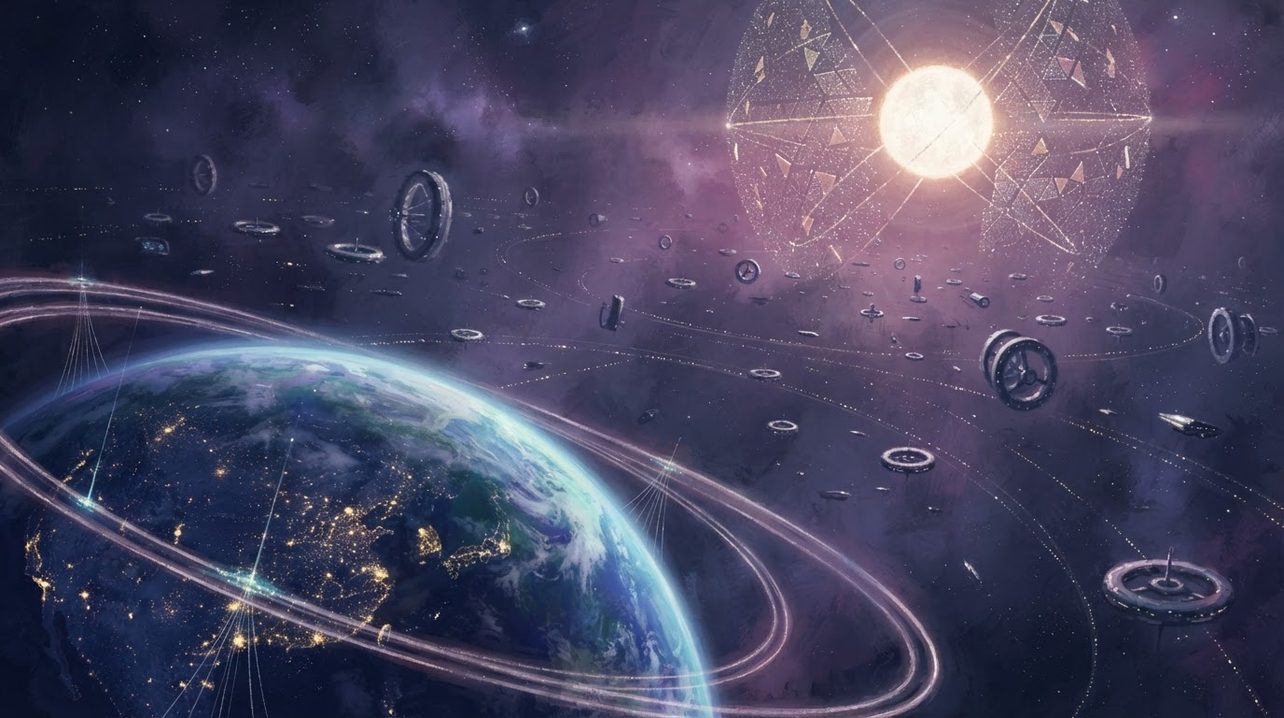 A fully developed star system at peace: a star wrapped in solar collectors, a ringed homeworld and streams of ships between the colonies.