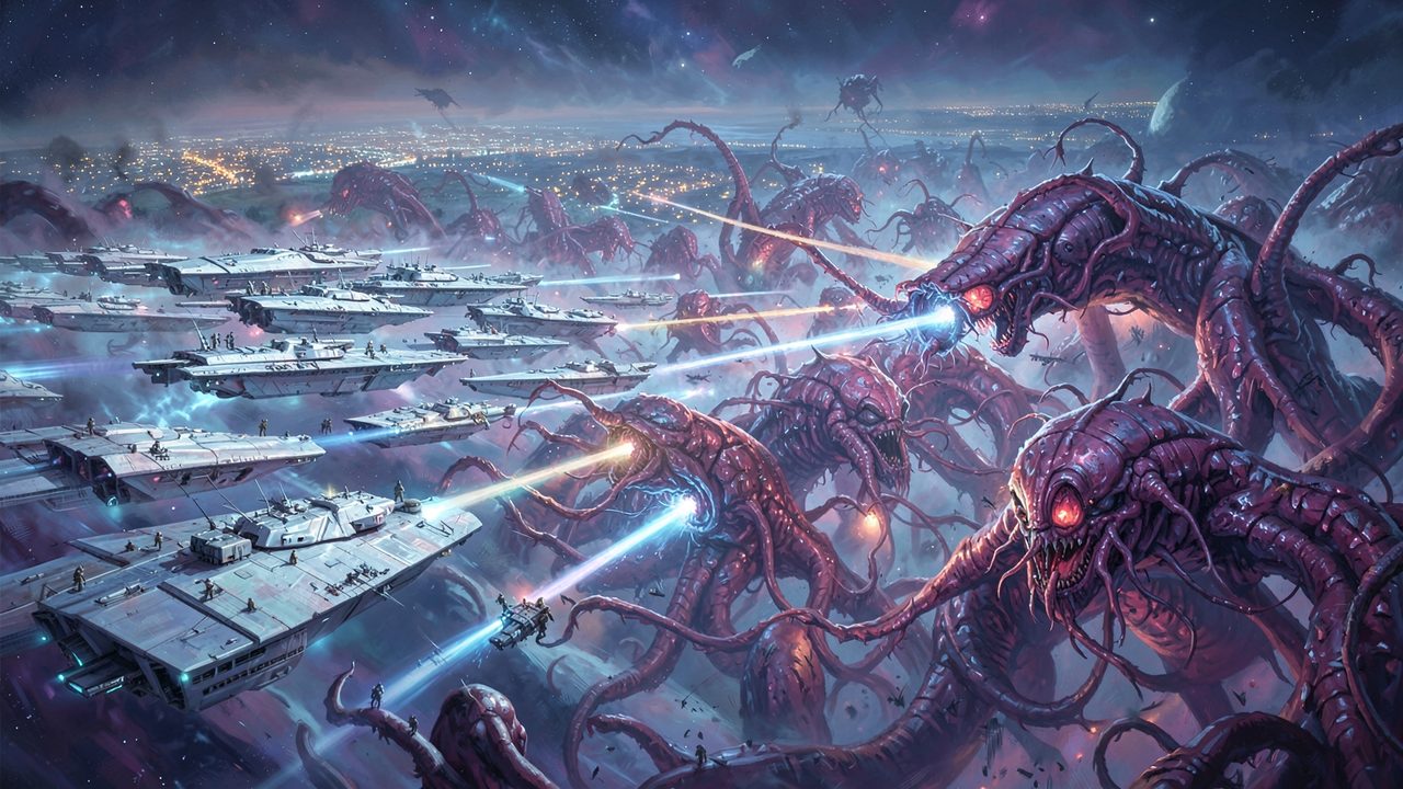 A fleet of white warships firing into a swarm of moon-sized organic space monsters in front of a colonized planet.