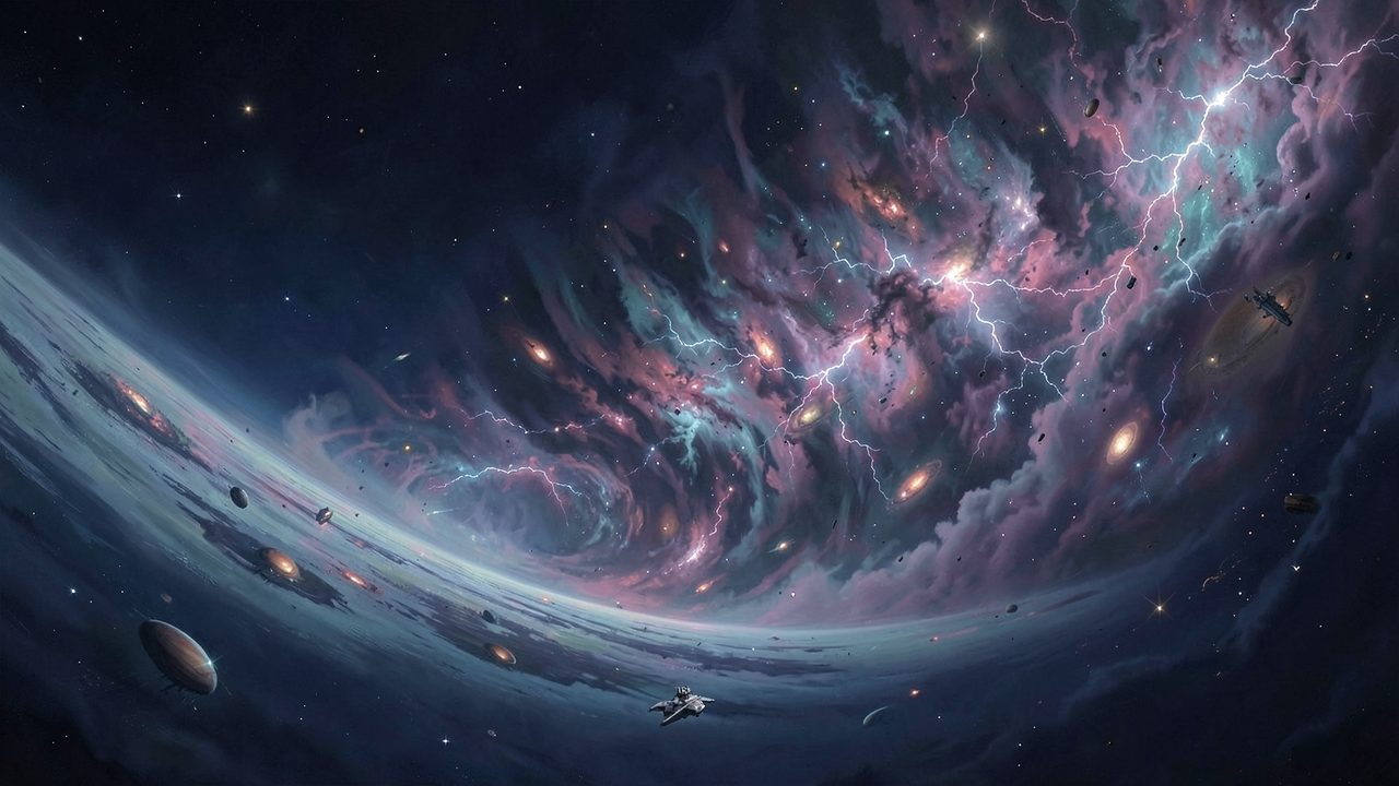 A tiny research ship before a gigantic curved wall of cosmic storms at the edge of the universe.