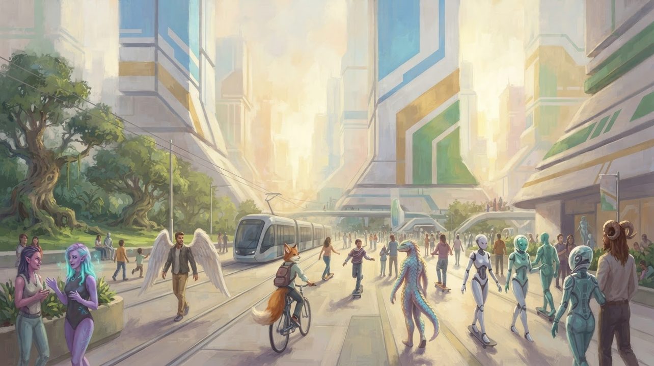 A sunny city plaza with colour-coded buildings, a tram, cyclists and a crowd of bioengineered people, robots and aliens.