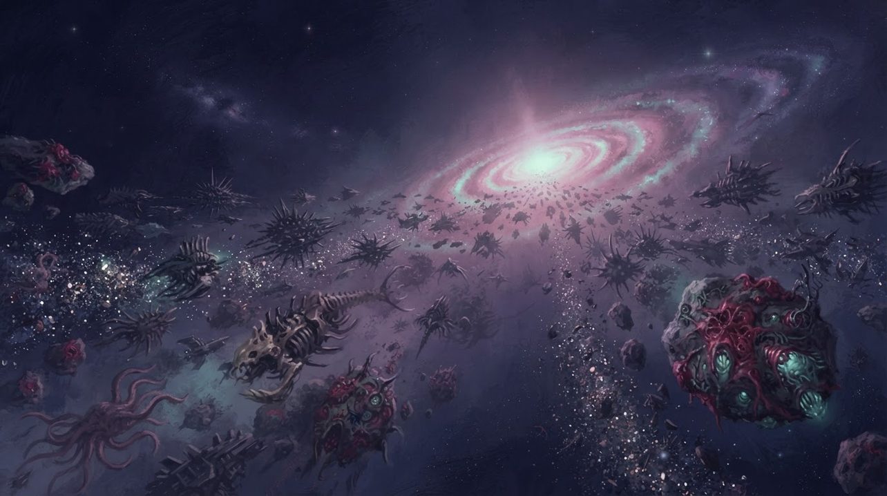 A vast horde of biomechanical leviathans, war machines and flesh-covered asteroids crossing intergalactic space toward a spiral galaxy.