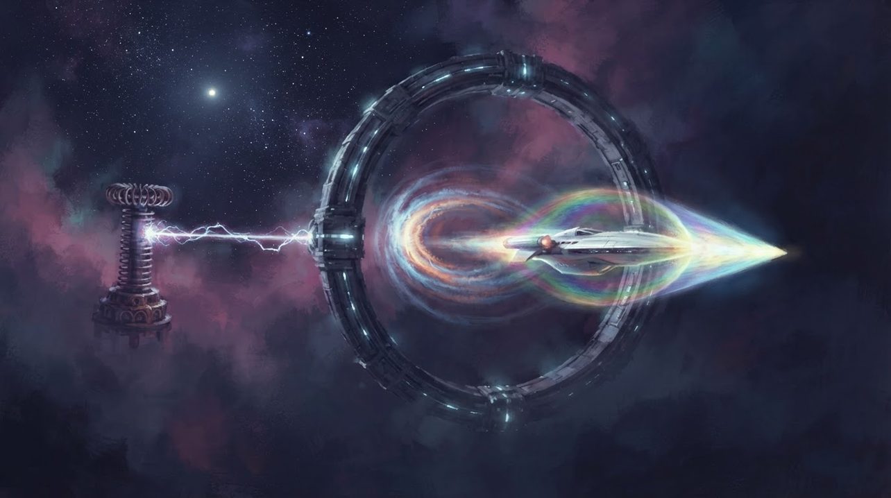 A white starship launched from a ring-shaped gate by a coil tower's plasma tether, its shield flaring into a cone of plasma.
