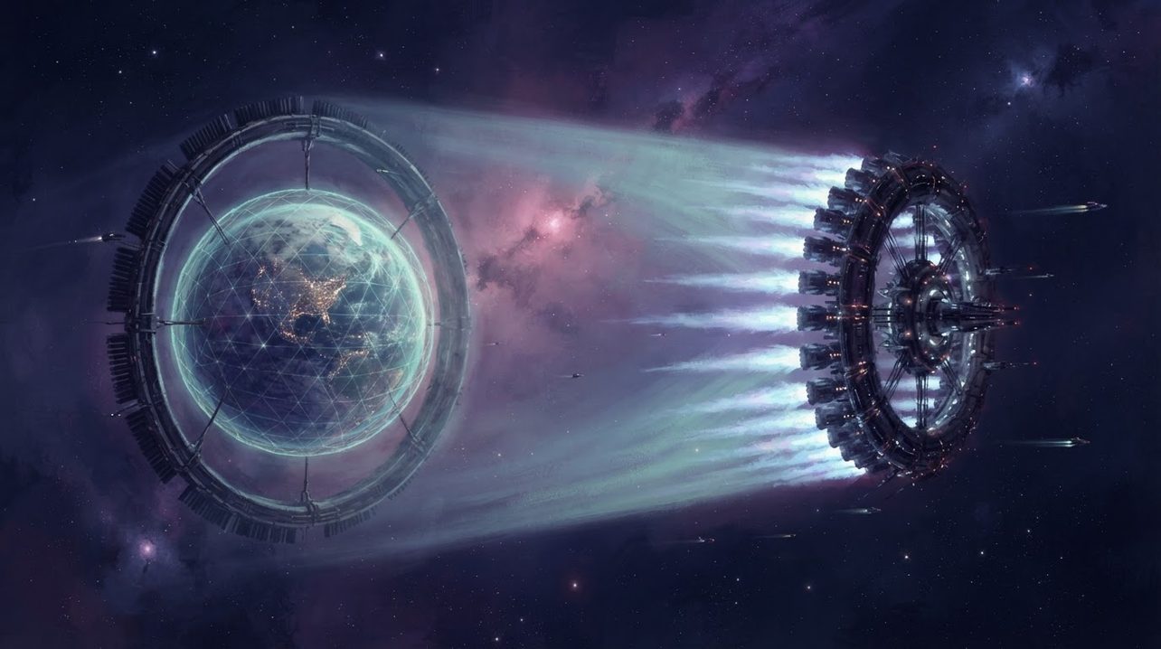 An Earth-like planet inside a glowing climate shell, pulled through space by a ring-shaped tug ahead of it whose engines fire away from the world.