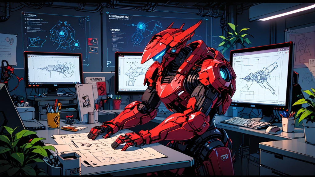 Cyberpunk workspace with red mecha