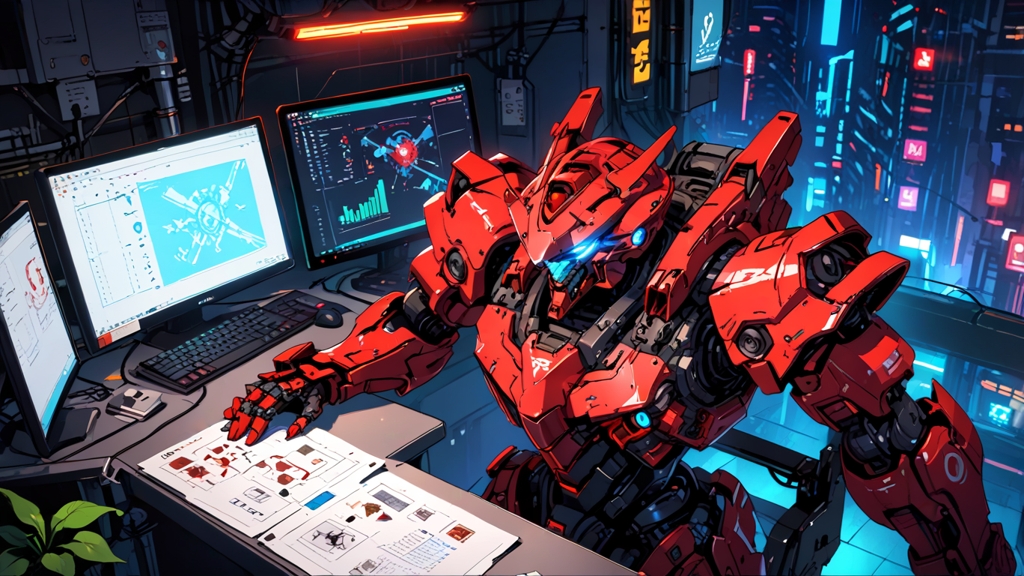 Cyberpunk workspace with red mecha